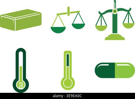 Science and Healthcare Measurement Icons with Scales Thermometer and Pharmaceutical Capsule Stock Vector
