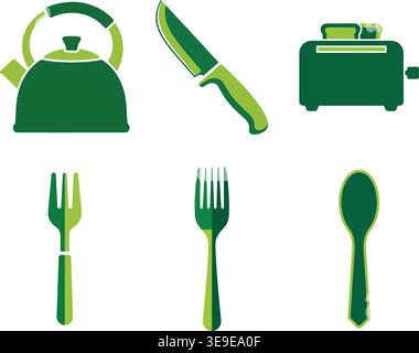 Breakfast and Dining Utensil Icon Set Featuring Toaster Kettle Knife and Cutlery Stock Vector