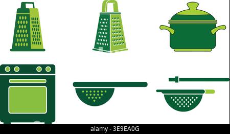 Essential Kitchenware and Cooking Utensils Icon Set Featuring Grater Cooking Pot and Oven Stock Vector