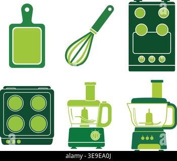 Professional Kitchen Appliances and Cooking Tools Vector Icon Set with Food Processor and Electric Stove Stock Vector
