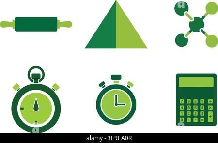 Measurement and Science Vector Icon Set Featuring Stopwatch Calculator and Molecular Structure Stock Vector