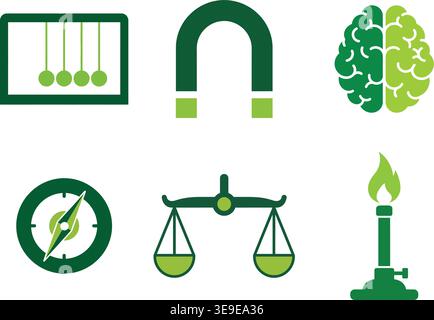 Physics and Brain Science Vector Icon Set with Magnet Compass Scale and Newton Cradle Stock Vector