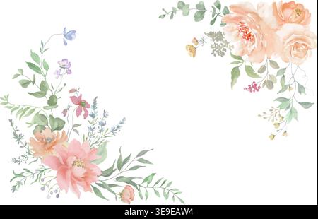 Watercolor floral background with peach roses, ranunculus and eucalyptus branches. Hand-painted botanical horizontal border for wedding invitations. Stock Vector