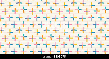 Cute vector seamless pattern with colorful organic shaped plus signs on lined background for kids and baby summer and school designs Stock Vector