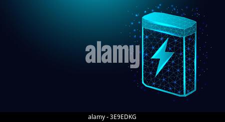 Low poly wireframe digital battery icon with lightning bolt. Stock Vector