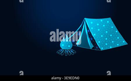 Low poly wireframe camping tent and campfire icon. Stock Vector