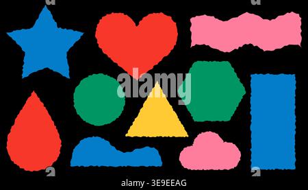 Collection of jagged colorful geometric shapes with rough edges isolated on black background. Stock vector illustration in flat style. Stock Vector
