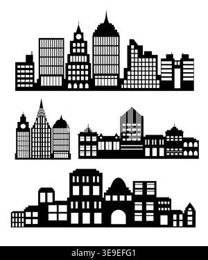 Three different city skylines are depicted in black and white, creating a visually appealing pattern Stock Vector