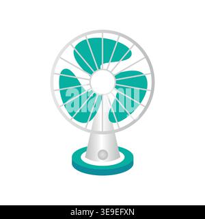 Illustration of a modern table fan with a circular base and four blades, featuring a white and teal color scheme, designed for home or office use Stock Vector