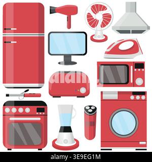 Collection of red kitchen appliances including refrigerator, microwave, toaster, washing machine, and hairdryer arranged in a flat design style on a Stock Vector