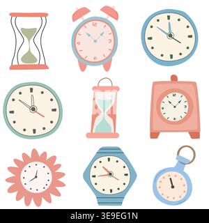 Collection of various clocks and timers including hourglass, alarm clock, wall clock, and pocket watch in a colorful, playful illustration style on a Stock Vector