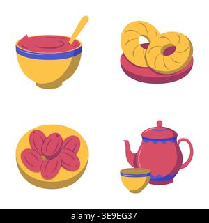 Nowruz traditional treats flat icon set. Samanu, flatbread, senjed and tea symbols. Vector illustration. Stock Vector