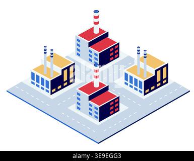 Four factories with smoking chimneys rising in an industrial district highlight manufacturing, Stock Vector