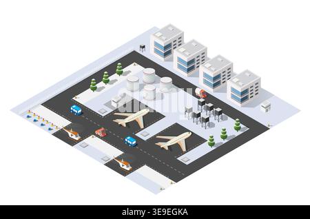 Isometric winter airport with airplanes, fuel tanks, buses and helicopters waiting for passengers, surrounded by snow and buildings Stock Vector