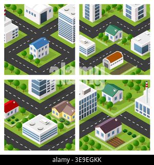 Four isometric city maps showing different types of buildings including houses, skyscrapers, factories, and roads, illustrating urban and suburban lif Stock Vector