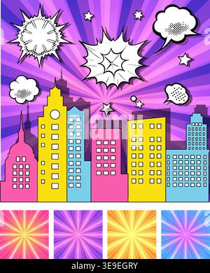 Vibrant comic book style cityscape with colorful buildings, explosions, stars, speech bubbles, and radial backgrounds Stock Vector