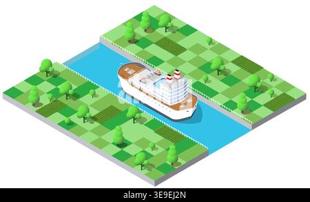 Isometric view of a large ship sailing on a canal through green fields with trees, representing transportation and logistics Stock Vector
