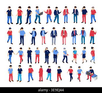 Isometric people set performing various activities, like walking, talking, working and using electronic devices Stock Vector