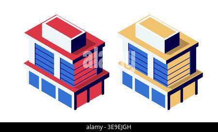 Two colorful isometric office buildings symbolize growth and innovation in a modern urban environment Stock Vector