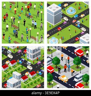 Four seamless patterns representing urban life scenes with people walking, driving and relaxing in a park, isometric view Stock Vector