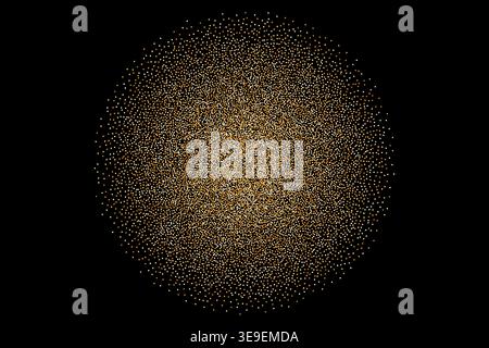 Abstract golden particles forming a spherical shape against a black background, creating a visually striking and dynamic composition with intricate Stock Vector
