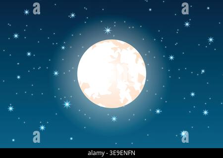 Full moon surrounded by twinkling stars in a night sky, with a gradient blue background creating a serene celestial atmosphere Stock Vector