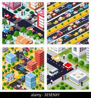 Four seamless patterns featuring a vibrant isometric cityscape with colorful cars navigating roads amid buildings and trees Stock Vector