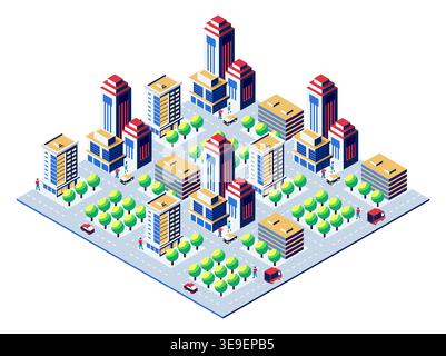 Isometric view of a bustling city center featuring skyscrapers, offices, roads, cars, delivery trucks, trees, and pedestrians Stock Vector