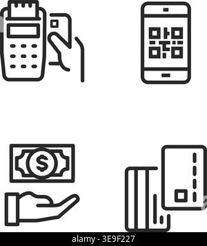 Payment method icons: card reader, QR code, cash in hand, and credit cards. stock illustration Stock Vector