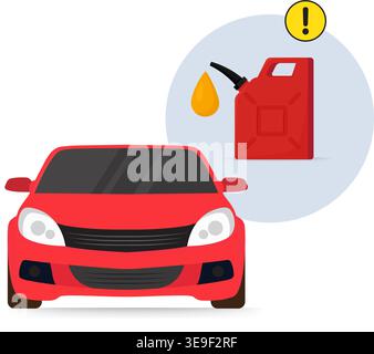Red car with gas can icon and warning symbol, indicating low fuel or refueling needed, vector illustration, stock illustration Stock Vector