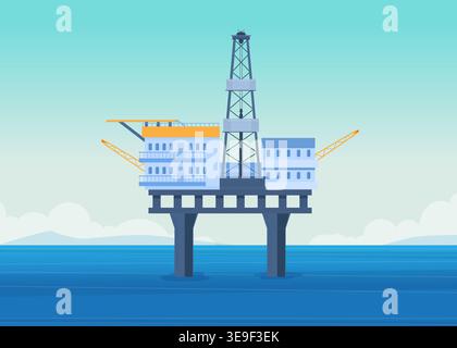Offshore oil rig platform illustration, light blue background, stylized design, flat vector. Stock Vector