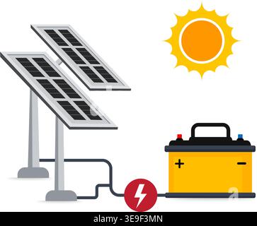 Solar panels charging a battery with the sun above, depicting the concept of renewable energy, vector illustration, stock illustration Stock Vector
