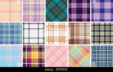 Plaid bundle for camping, park outings, and summer gatherings. Coordinated tartan repeats bring charm to apparel, decor, and printed stationery. Stock Vector