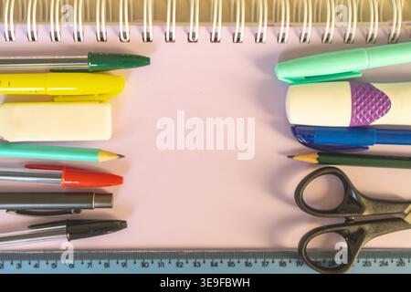 Back to school background, with different office or school supplies. Stock Photo