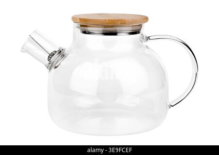 Glass transparent teapot with wooden lid isolated on white background. Stock Photo