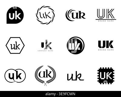 UK logo company template. Letter u and k logotype. Set different classic serif lettering and modern bold text with design elements. Initial font typog Stock Vector