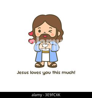 Cute Cartoon Jesus Making Heart Gesture with Jesus Loves You This Much Text Vector Illustration Stock Vector