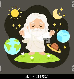 Flat Style Creator Floating Over Earth with Sun Moon and Planets in Celestial Scene Vector Illustration Stock Vector