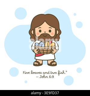 Cartoon Jesus Holding Basket of Loaves and Fish in Gentle Blue Surround Vector Illustration Stock Vector