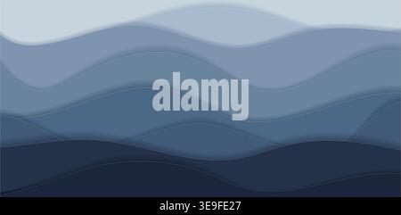 Deep Sea Waves Background Abstract Paper Cut Layers in Navy Blue and Steel Grey. Modern Fluid Backdrop for Corporate Tech and Eco-Marine Web Design. Stock Vector