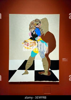 Stockholm, Sweden, January 11, 2026. Colorful Abstract Collage Painting of Two Figures Embracing With Shadow on Checkerboard Floor Stock Photo