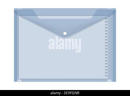 Clear plastic envelope with A4 spiral notebook inside, vector illustration. Transparent blue file holder with snap button, realistic template Stock Vector