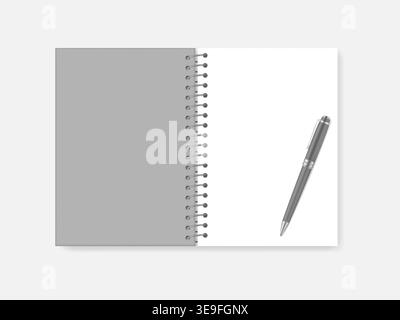 Open spiral A4 notebook with ballpoint pen, realistic vector mock-up. Wire bound blank note book: white page and gray cover, template Stock Vector