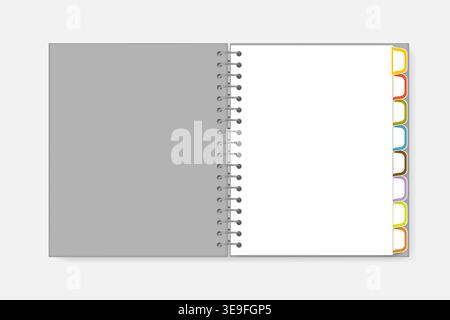 Open spiral notebook with colorful divider tabs, vector mockup. Wire bound white blank diary with bookmark pages letter size, template Stock Vector