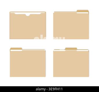 File jackets with various tabs, vector mockup set. Flat document envelope with paper sheets inside, mock-up Stock Vector