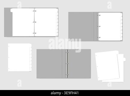3 ring binder and hole punched white paper sheets with tab dividers, realistic mockup. Refillable notebook, vector template Stock Vector