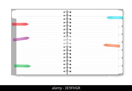 Open blank spiral tabbed notebook with transparent colored sticky bookmarks isolated on white background, vector illustration Stock Vector