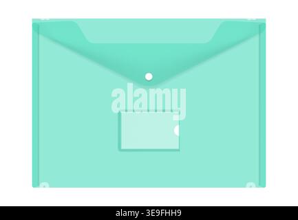 Clear plastic envelope folder with snap button and label pocket isolated, realistic vector illustration. Transparent file holder bag, mockup Stock Vector