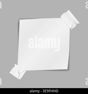 Duct taped empty white note paper sheet to post message, realistic mock-up. Blank announcement on bulletin board, vector mockup Stock Vector