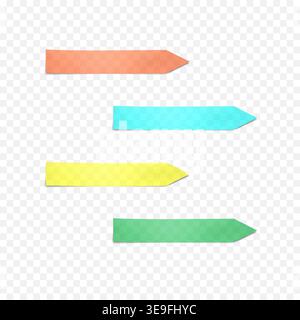 Clear sticky index notes on transparent background. Color vector set. Blank colored paper bookmark stickers Stock Vector